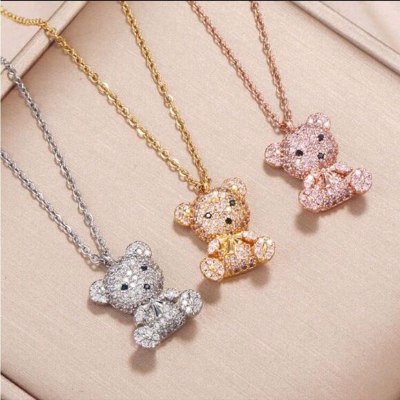 18K Rose Gold Plated Diamond Bear Pendant Necklace - Picture 3 of 3